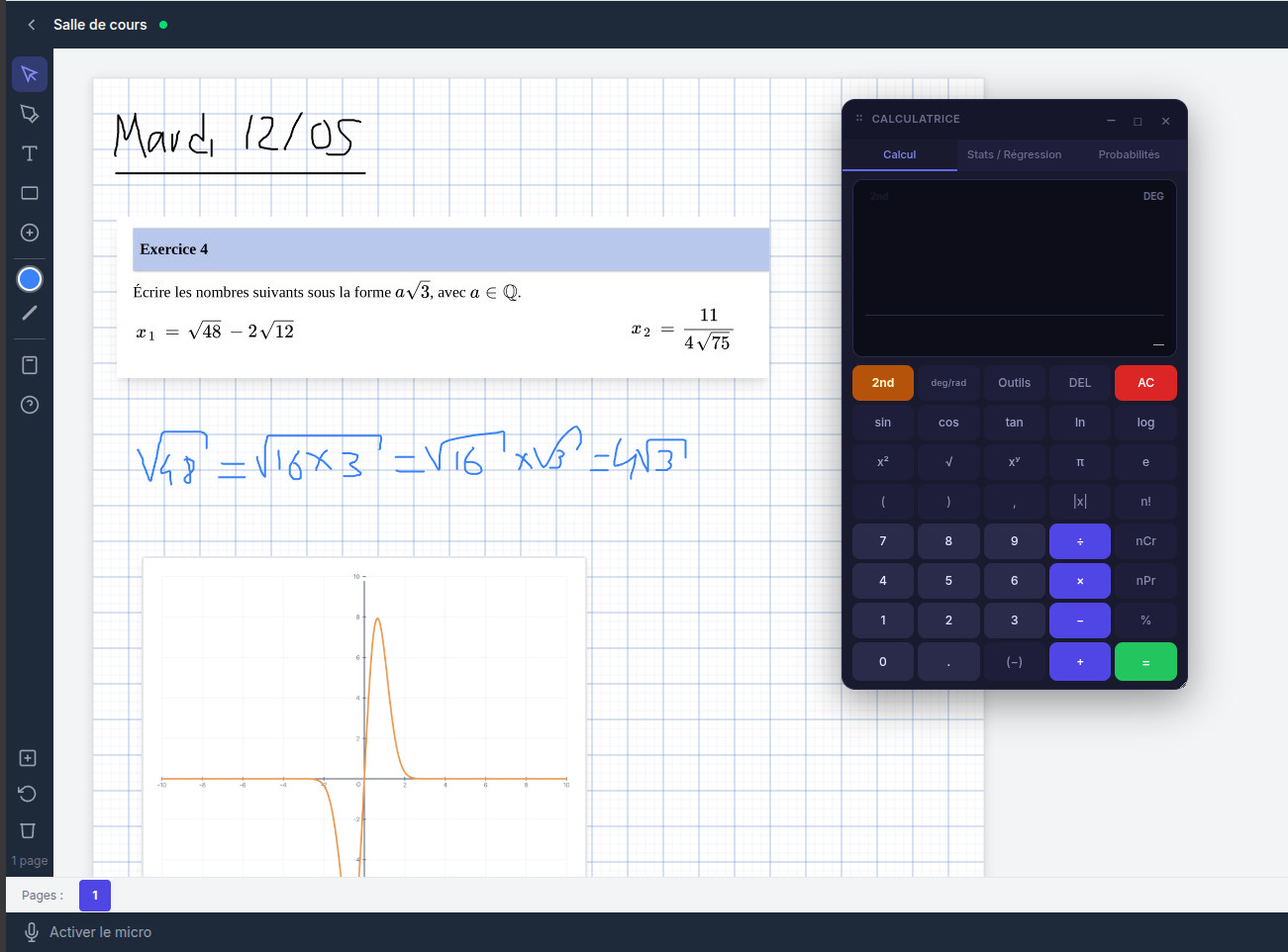 Salle de cours Classe Sarmate — tableau blanc, calculatrice scientifique et grapheur