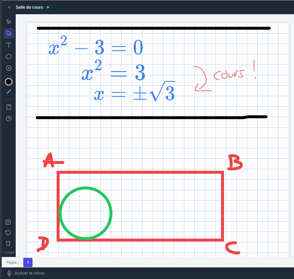 Tableau blanc avec formules LaTeX et géométrie